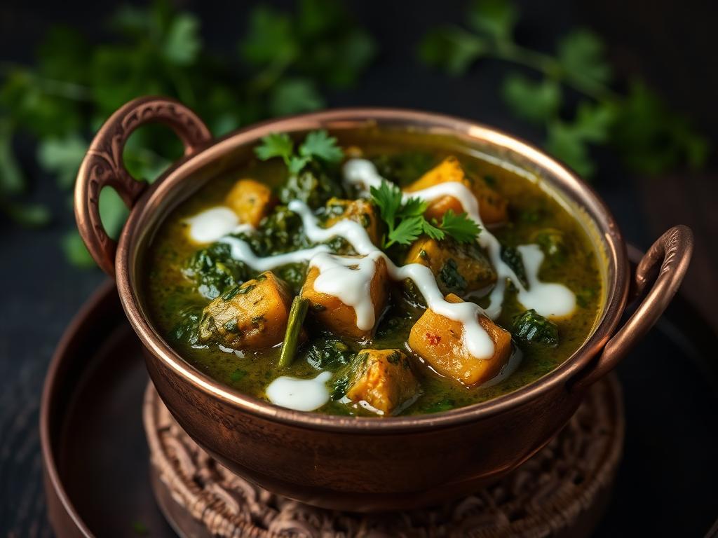 Aloo Palak Handi — Baby potatoes in a smooth spinach gravy, finished with cream