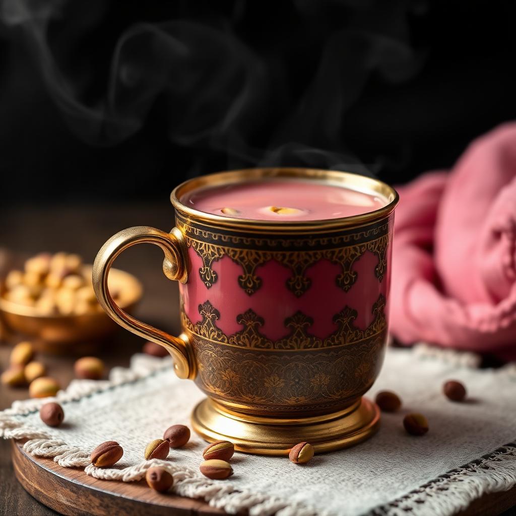 Kashmiri Pink Chai — Slow-whisked pink tea with crushed pistachio and a touch of