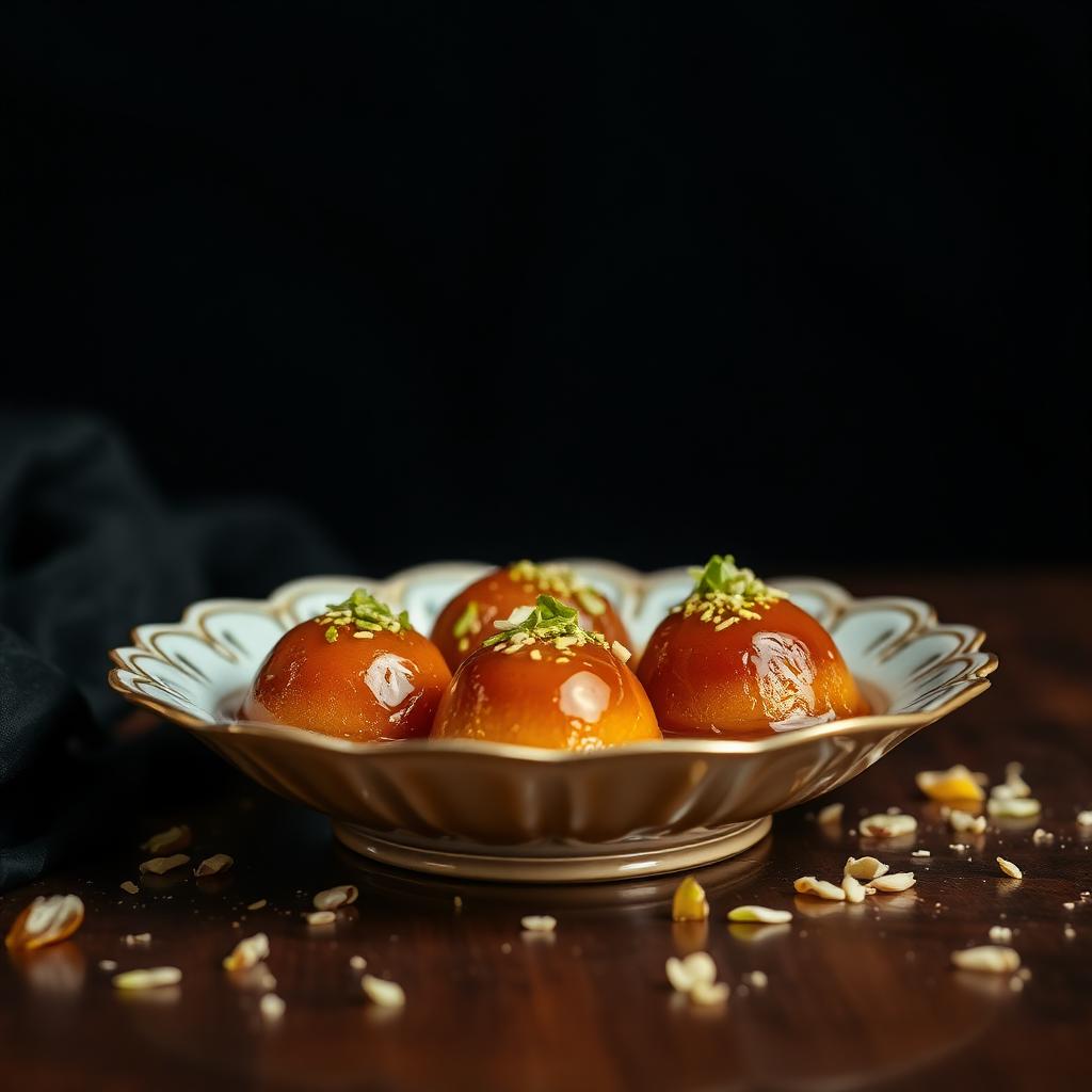 Gulab Jamun — Warm milk dumplings soaked in rose-cardamom syrup, crowned w