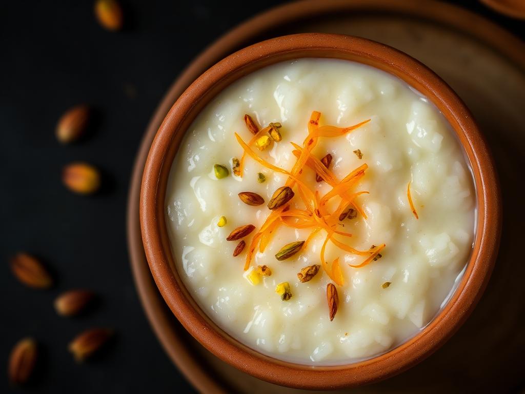 Cardamom Kheer — Slow-cooked rice pudding, perfumed with green cardamom and r