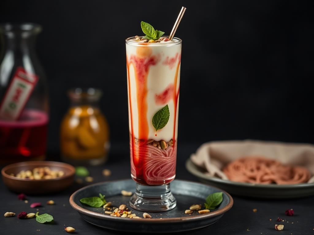 Kulfi Falooda — Hand-churned malai kulfi over rose vermicelli, basil seeds a