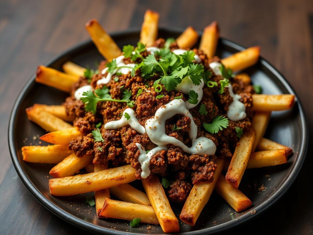 Masala Loaded Fries — Hand-cut fries, qeema, chaat masala, sour cream and gold sau