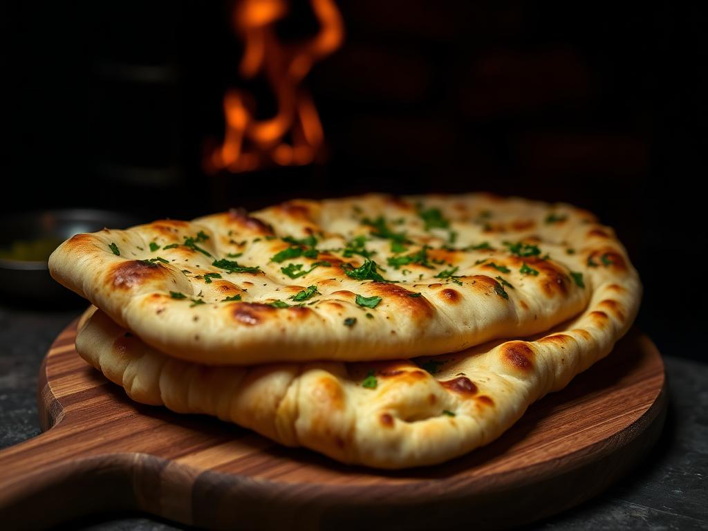 Garlic Coriander Naan — Hand-stretched naan from the tandoor, brushed with garlic bu