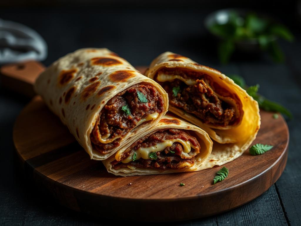 Anda Paratha Roll — Flaky paratha wrapped around spiced beef, egg, mint chutney