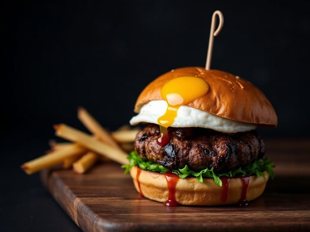 Shami Kebab Burger — Heritage shami patty, fried egg, tamarind glaze on toasted b