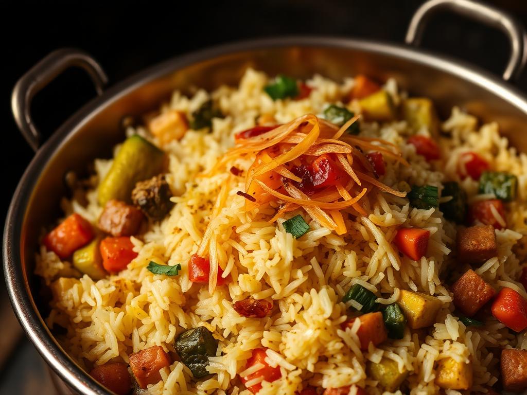 Garden Vegetable Biryani — Layered basmati with seasonal vegetables, paneer and saffron