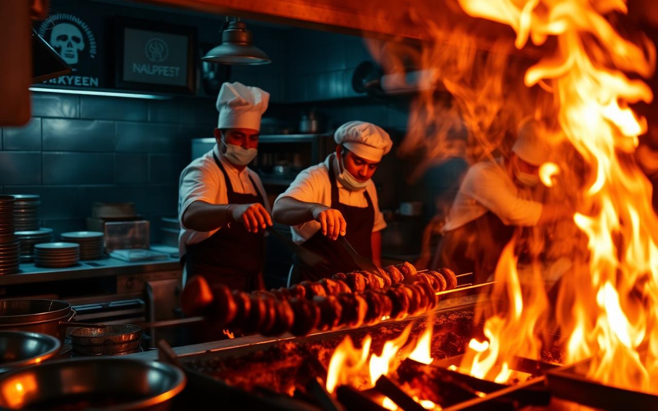 Our kitchen team grilling kebabs over open charcoal flames